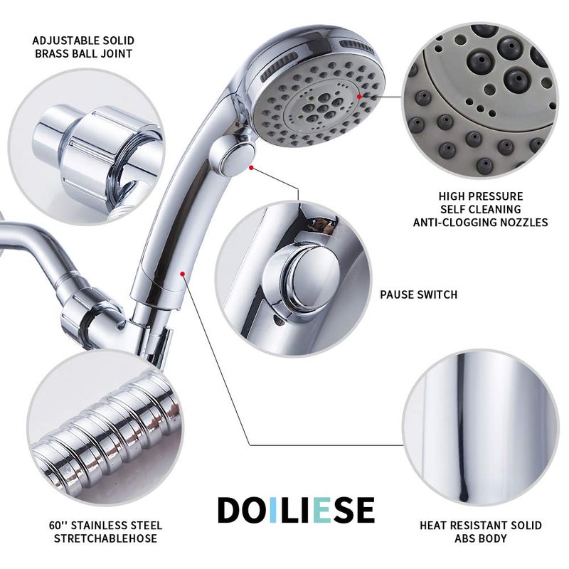 DOILIESE High Pressure Shower Head with Handheld Spray 6 Settings Hand Held Shower Head with On Off Switch and Spa Spray Mode 60 In Hose, Chrome - Image 5